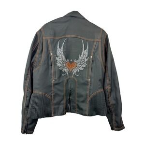 Vance Textiles Womens Mesh Motorcycle Jacket Black Orange Rhinestone Heart Large